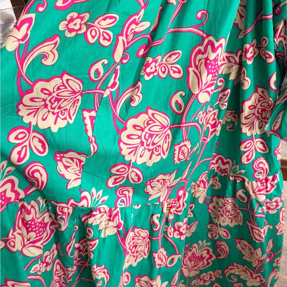 Green Floral Puff Sleeve Maxi Dress with Tie Waist - Picture 7 of 9